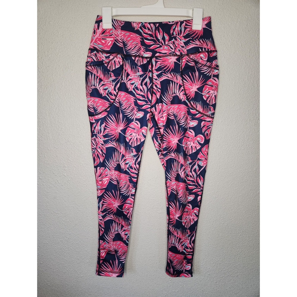 Simply Southern Leggings Activewear Womens Small Blue Pink Floral Plants Leaves